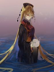 Rule 34 | 1girl, absurdres, black dress, blonde hair, breasts, chinese clothes, crescent, dress, english text, fog, gradient background, hair between eyes, highres, holding, holding skull, junko (touhou), light frown, long hair, long sleeves, looking at viewer, naufaldreamer, phoenix crown, pom pom (clothes), red eyes, ripples, skull, solo, tabard, touhou, very long hair, wading, water, wide sleeves