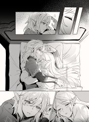Rule 34 | 1boy, 1girl, bed, blush, closed eyes, commentary, ear piercing, greyscale, hair between eyes, highres, hug, link, long hair, long sleeves, looking at another, lying, monochrome, nintendo, on bed, piercing, pillow, pointy ears, princess zelda, shirt, short hair, sleeping, the legend of zelda, the legend of zelda: breath of the wild, wufaxianshi cnd
