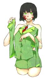Rule 34 | 1girl, black hair, blood, blood on face, blood splatter, blunt bangs, blunt ends, bright pupils, commentary request, covering privates, covering chest, crazy, cropped legs, detached sleeves, green eyes, green jacket, green skirt, green sleeves, grin, holding, holding clothes, holding shirt, jacket, kyoumachi seika, looking at viewer, miniskirt, necktie, pencil skirt, red necktie, shirt, simple background, skirt, sleeveless, sleeveless jacket, sleeveless shirt, smile, solo, tetra (seiga32685479), topless, unworn jacket, unworn shirt, voiceroid, white background, white pupils, white shirt, wide-eyed