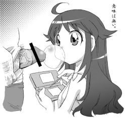 Rule 34 | 1girl, ahoge, bubble, blowing bubbles, censored, chewing gum, greyscale, handheld game console, male pubic hair, monochrome, nintendo ds, original, penis, penis awe, pubic hair, satsuki itsuka, solo, swimsuit, translated