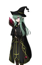 Rule 34 | 1girl, green hair, hat, hero of the demon, pointy ears, rpg maker, rpg maker game, solo, staff, transparent background, witch hat