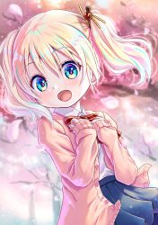 Rule 34 | 1girl, alice cartelet, blonde hair, blue eyes, blush, cherry blossoms, day, dot nose, female focus, hair ornament, kin-iro mosaic, looking at viewer, medium hair, open mouth, open sweater, pink sweater, ruju amn, school uniform, solo, sweater