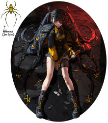 Rule 34 | 1girl, :&lt;, absurdres, animal print, belt, between legs, black footwear, black hair, black jacket, black socks, blood, blunt bangs, boots, boxcutter, bug, butterfly, chain, chain necklace, commentary, cross-laced footwear, cuts, english commentary, english text, eraser, eyepatch, fly, footprints, hand between legs, highres, holding, holding boxcutter, holding knife, injury, insect, jacket, jacket on shoulders, jewelry, knife, lace-up boots, long hair, long sleeves, necklace, original, pencil, personification, red eyes, reference inset, ribbed socks, ring, rinotuna, shirt, sidelocks, silk, sitting, sleeves past wrists, socks, solo, spider, spider print, spider web print, thigh strap, twintails, very long hair, wing collar, yellow jacket, yellow shirt
