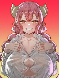 Rule 34 | 1girl, bow (bhp), breasts, cleavage, collarbone, collared shirt, dragon horns, gradient background, grin, horns, huge breasts, ilulu (maidragon), kobayashi-san chi no maidragon, long hair, long sleeves, looking at viewer, pink hair, pointy ears, red background, red eyes, shirt, smile, solo, upper body, white shirt, yellow background
