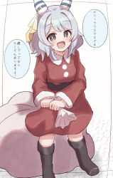 Rule 34 | 1girl, :d, animal ears, black footwear, blush, boots, breasts, brown eyes, christmas, commentary request, dress, fur-trimmed dress, fur trim, grey hair, hair intakes, highres, hishi miracle (umamusume), holding, holding sack, horse ears, long sleeves, looking at viewer, medium breasts, open mouth, red dress, sack, santa costume, simple background, smile, solo, standing, sunanuko (ramuneko), translation request, umamusume, white background