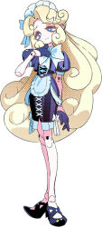 Rule 34 | 1girl, apron, arms up, blonde hair, blue bow, blue eyes, bow, closed mouth, cropped jacket, doll joints, donuttypd, dress, frown, gloves, hair bow, hand up, head tilt, high heels, inferno cafe, jacket, joints, large bow, light frown, long hair, looking at viewer, maid headdress, monster girl, open clothes, open jacket, purple dress, purple footwear, purple gloves, purple jacket, simone (inferno cafe), simple background, standing, striped clothes, striped dress, vertical-striped clothes, vertical-striped dress, very long hair, waitress, white apron, white background, x