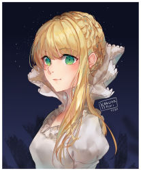 Rule 34 | 1girl, aldnoah.zero, artist name, asseylum vers allusia, blonde hair, braid, breasts, closed mouth, commentary, dated, dress, english commentary, frilled dress, frills, green eyes, hair between eyes, juliet sleeves, kobutanori, long hair, long sleeves, looking at viewer, puffy sleeves, small breasts, solo, upper body, white dress