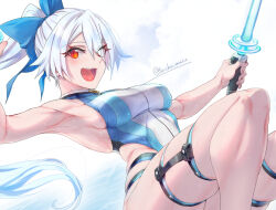 Rule 34 | 1girl, armpits, beam saber, breasts, fate/grand order, fate (series), hair between eyes, hair over one eye, holding, holding sword, holding weapon, long hair, looking at viewer, medium breasts, one-piece swimsuit, open mouth, ponytail, red eyes, sideboob, smile, swimsuit, sword, thick thighs, thigh strap, thighs, tomoe gozen (fate), tomoe gozen (swimsuit saber) (fate), toned, torichamaru, twitter username, weapon, white hair