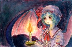 Rule 34 | 1girl, bat wings, blue hair, bow, brooch, candle, candlelight, candlestand, frilled shirt collar, frills, hat, hat ribbon, highres, jewelry, mob cap, painting (medium), piyo (piyoko528), red bow, red eyes, remilia scarlet, ribbon, short hair, solo, touhou, traditional media, watercolor (medium), wings