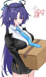 Rule 34 | 1girl, 1other, doodle sensei (blue archive), black gloves, black jacket, black skirt, blazer, blue archive, blush, box, breast rest, breasts, breath, cardboard box, gloves, halo, highres, holding, holding box, jacket, large breasts, long hair, pleated skirt, purple eyes, purple hair, sensei (blue archive), simple background, skirt, solo focus, sweat, tokyo big sight, tsumayouji (tumayog), two side up, very long hair, white background, yuuka (blue archive)