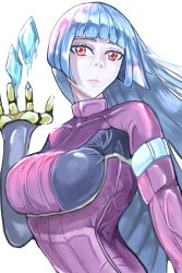 Rule 34 | 1girl, belt, blue hair, blunt bangs, bodysuit, breasts, gloves, highres, ice, k3 art, kula diamond, large breasts, long hair, purple eyes, simple background, solo, the king of fighters, the king of fighters xiv, upper body, white background