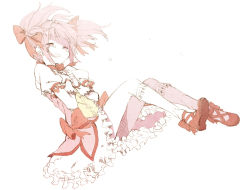 Rule 34 | 10s, 1girl, abara heiki, bow, bubble skirt, closed eyes, footwear ribbon, full body, gloves, hair ribbon, hands on own chest, kaname madoka, kneehighs, magical girl, mahou shoujo madoka magica, mahou shoujo madoka magica (anime), pink hair, ribbon, shoes, short hair, short twintails, simple background, sketch, skirt, socks, solo, tears, twintails, white gloves, white socks