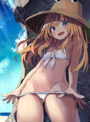 Rule 34 | 1girl, bare arms, bare shoulders, bikini, bikini pull, blonde hair, blue eyes, blue sky, blush, breasts, brown hat, clothes pull, cloud, day, fang, groin, hat, highres, long hair, looking at viewer, mamemochi, moriya suwako, navel, open mouth, outdoors, pulling own clothes, skin fang, sky, small breasts, smile, solo, standing, stomach, summer, swimsuit, touhou, white bikini