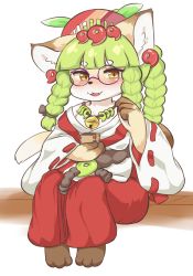 Rule 34 | 1girl, animal ears, bell, blush, body fur, cat, cat ears, cat girl, cat tail, commentary request, eigetsu, fang, fullbokko heroes, furry, furry female, green hair, hakama, hakama skirt, japanese clothes, kushinada (fullbokko heroes), long hair, looking to the side, open mouth, red hakama, simple background, sitting, skirt, solo, tail, white background, yellow eyes