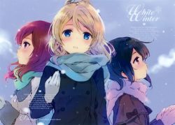 Rule 34 | 10s, 3girls, artist name, ayase eli, bibi (love live!), black hair, blonde hair, blue eyes, blue scarf, blush, breath, coat, english text, gloves, high ponytail, highres, looking up, love live!, love live! school idol project, mittens, multiple girls, nishikino maki, open mouth, outdoors, pink eyes, ponytail, profile, purple eyes, qp:flapper, red hair, scan, scarf, snowflakes, snowing, twintails, white gloves, yazawa nico