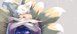 Rule 34 | 1girl, animal hat, bad id, bad twitter id, blonde hair, cacao devil, crossed arms, fox shadow puppet, fox tail, grey background, hat, highres, looking at viewer, mob cap, multiple tails, short hair, simple background, solo, tabard, tail, touhou, upper body, white hat, wide sleeves, yakumo ran, yellow eyes