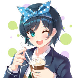 Rule 34 | 1girl, ;d, black hair, black jacket, blazer, blue eyes, blue ribbon, blush, collared shirt, cup, diagonal-striped clothes, diagonal-striped neckwear, disposable cup, drinking straw, green necktie, hair ribbon, highres, holding, holding cup, holding drinking straw, holmemee, jacket, kanojo okarishimasu, long sleeves, looking at viewer, necktie, one eye closed, open clothes, open jacket, open mouth, polka dot, polka dot ribbon, ribbon, sarashina ruka, shirt, short hair, smile, solo, striped clothes, striped necktie, striped neckwear, swept bangs, teeth, upper body, upper teeth only, white background, white shirt