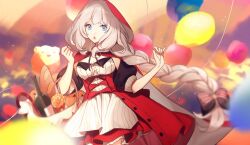 Rule 34 | 1girl, baguette, balloon, basket, blue eyes, blurry, blurry background, blush, bottle, braid, braided ponytail, bread, breasts, cloak, dress, fate/grand order, fate (series), food, hood, hooded cloak, long hair, looking at viewer, marie antoinette (fate), marie antoinette (festival outfit) (fate), medium breasts, no-kan, open mouth, puffy short sleeves, puffy sleeves, pumpkin, red cloak, red dress, short sleeves, sidelocks, single braid, solo, very long hair, white hair, wine bottle