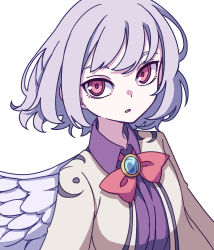 Rule 34 | 1girl, absurdres, bow, bowtie, grey hair, highres, jacket, kame (kamepan44231), kishin sagume, long sleeves, looking at viewer, one-hour drawing challenge, open mouth, red bow, red bowtie, red eyes, short hair, simple background, solo, touhou, upper body, white background