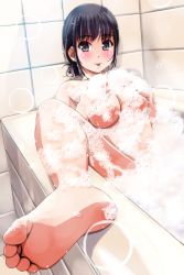 Rule 34 | 1girl, :p, barefoot, bath, bathtub, black eyes, black hair, blush, breasts, bubble, bubble bath, convenient censoring, covering privates, covering breasts, feet, foot focus, foreshortening, highres, large breasts, long hair, looking at viewer, lying, matsunaga kouyou, on back, smile, soap bubbles, soles, solo, spread legs, tile wall, tiles, toes, tongue, tongue out