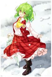 Rule 34 | 1girl, :d, ahoge, aka tawashi, ascot, black footwear, black pantyhose, blush, breasts, commentary request, footprints, full body, green hair, green umbrella, hair between eyes, high heels, highres, kazami yuuka, large breasts, loafers, long sleeves, looking at viewer, open mouth, outdoors, pantyhose, petticoat, plaid, plaid skirt, plaid vest, planted, planted umbrella, red eyes, red skirt, red vest, shadow, shirt, shoes, short hair, skirt, skirt set, smile, snow, snowing, solo, standing, touhou, umbrella, vest, white shirt, yellow ascot