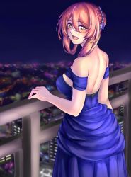 Rule 34 | 1girl, 3 small spiders, :d, absurdres, bare shoulders, blue dress, blush, breasts, brown hair, building, city lights, commentary request, dress, evening gown, flower, girls&#039; frontline, green eyes, hair between eyes, hair bun, hair flower, hair ornament, highres, large breasts, long hair, looking to the side, night, night sky, official alternate costume, open mouth, railing, single hair bun, sky, smile, springfield (girls&#039; frontline), springfield (queen in radiance) (girls&#039; frontline), strapless, strapless dress
