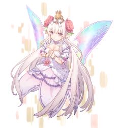Rule 34 | 1girl, breasts, character request, cleavage, closed mouth, crown, dress, dress flower, fairy, fairy wings, flower, full body, hair flower, hair ornament, highres, interlocked fingers, long hair, looking at viewer, medium breasts, minerva (princess connect!), mini crown, miya8111, multicolored wings, orange background, own hands together, pointy ears, princess connect!, red flower, smile, solo, two-tone background, white background, white dress, white hair, wings