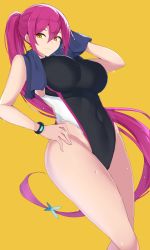 Rule 34 | 1girl, absurdres, black one-piece swimsuit, breasts, character request, commission, competition swimsuit, copyright request, cowboy shot, highleg, highleg swimsuit, highres, large breasts, long hair, looking at viewer, maruyaa (malya1006), one-piece swimsuit, purple hair, skeb commission, solo, standing, swimsuit, towel, wristband, yellow background, yellow eyes