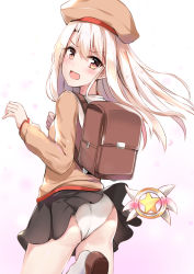 Rule 34 | &gt;:o, 1girl, :o, ass, backpack, bad id, bad pixiv id, bag, beret, black skirt, blush, brown footwear, brown hat, clothes lift, cowboy shot, fate/kaleid liner prisma illya, fate (series), floating hair, from behind, gradient background, hair between eyes, hands up, hat, highres, homurahara academy school uniform, illyasviel von einzbern, konka, leg up, long hair, long sleeves, looking at viewer, looking back, magical ruby, miniskirt, open mouth, panties, petals, pleated skirt, purple background, school uniform, shoes, simple background, skirt, skirt lift, socks, standing, standing on one leg, star (symbol), underwear, v-shaped eyebrows, white background, white hair, white panties, yellow eyes