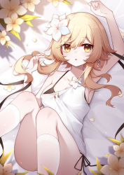 Rule 34 | 1girl, absurdres, alternate costume, arm up, bare arms, bikini, bikini under clothes, blonde hair, blush, breasts, cleavage, collarbone, feet out of frame, flower, from above, genshin impact, hair flower, hair ornament, highres, holding, holding own hair, legs up, lily (flower), looking at viewer, lumine (genshin impact), lying, medium breasts, off-shoulder shirt, off shoulder, on back, petals, poinia, shirt, short hair with long locks, side-tie bikini bottom, sidelocks, single bare shoulder, socks, solo, string bikini, swimsuit, thighs, white flower, white shirt, white socks, yellow eyes