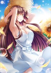 Rule 34 | 1girl, armpits, arms behind head, bad id, bad pixiv id, bare shoulders, belt, breasts, brown hair, bubble, cleavage, day, dress, flower, hago, hand on headwear, hat, large breasts, long hair, looking at viewer, no bra, original, outdoors, sky, solo, sparkle, straw hat, summer, sun, sundress, sunflower, very long hair, wind, yellow eyes