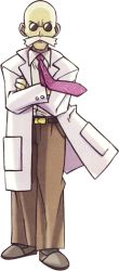 Rule 34 | 1boy, bald, belt, belt buckle, blaine (pokemon), brown belt, brown pants, buckle, buttons, closed mouth, collared shirt, creatures (company), crossed arms, facial hair, full body, game freak, lab coat, long sleeves, looking at viewer, male focus, mustache, necktie, nintendo, official art, pants, pokemon, pokemon rgby, purple necktie, shirt, shirt tucked in, shoes, socks, solo, standing, sugimori ken, transparent background, white hair, white shirt