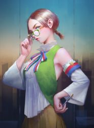 Rule 34 | 1girl, adjusting eyewear, arm up, blue eyes, blue ribbon, brown hair, detached sleeves, eyebrows, glasses, green-framed eyewear, green vest, hand on own hip, highres, holding, holding pen, lips, looking at viewer, multicolored ribbon, nababa, nose, open mouth, parted lips, pen, ponytail, profile, realistic, red ribbon, ribbon, short hair, short ponytail, solo, vest, white ribbon, wide sleeves