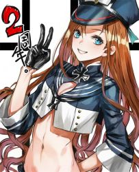 Rule 34 | 1girl, arm behind back, black gloves, blue eyes, blue hat, blue jacket, breasts, brown hair, buttons, chinese text, cleavage, cropped jacket, cross, gloves, grin, hair between eyes, hat, infukun, iron cross, jacket, koln (warship girls r), long hair, looking at viewer, midriff, military, military hat, military uniform, navel, small breasts, smile, solo, teeth, text focus, uniform, v, warship girls r