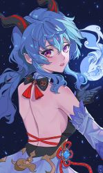 Rule 34 | 1girl, ahoge, back, backless outfit, black gloves, blue hair, blush, bow, breasts, chinese knot, detached sleeves, eli (elineptune), flower knot, from behind, ganyu (genshin impact), genshin impact, gloves, gold trim, highres, horns, long hair, looking at viewer, looking back, low ponytail, medium breasts, orb, purple eyes, qilin (mythology), sideboob, sidelocks, solo, upper body, vision (genshin impact), white sleeves