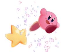 Rule 34 | :d, blue eyes, blush stickers, commentary, full body, happy, highres, jumping, kirby, kirby (series), looking at viewer, nintendo, no humans, open mouth, simple background, smile, solo, star (symbol), takenokonoko, warp star, waving, white background
