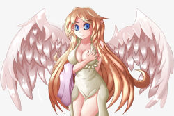 Rule 34 | 1girl, angel wings, blonde hair, blue eyes, breasts, cleavage, ecstasy, feathers, hand on own chest, ilias, large breasts, long hair, looking at viewer, mon-musu quest!, simple background, smile, solo, wings