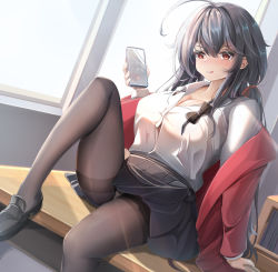 Rule 34 | 1girl, ahoge, arm support, azur lane, black footwear, black hair, black pantyhose, black skirt, blush, breasts, cellphone, cleavage, collarbone, collared shirt, commentary request, desk, dress shirt, hair between eyes, hair ribbon, highres, holding, holding phone, indoors, jacket, large breasts, loafers, long hair, looking at viewer, mctom, nose blush, off shoulder, on desk, open clothes, open jacket, panties, panties under pantyhose, pantyhose, phone, pleated skirt, red eyes, red jacket, red ribbon, ribbon, school desk, school uniform, shirt, shoes, skirt, solo, taihou (azur lane), taihou (sweet time after school) (azur lane), thighband pantyhose, underwear, very long hair, white panties, white shirt, window
