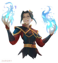 Rule 34 | 1girl, artist name, avatar: the last airbender, avatar legends, azula, black hair, blue fire, commentary, cropped torso, english commentary, fire, headpiece, highres, long hair, looking at viewer, red eyes, sidelocks, smile, solo, teeth, very long hair, w arms, white background, zarory