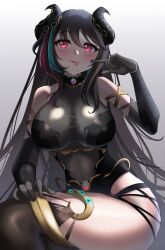 Rule 34 | 1girl, :p, absurdres, bare shoulders, black gloves, black hair, black horns, black leotard, blue hair, blush, breasts, elbow gloves, emma llama, eye symbol, gloves, hand on own thigh, highres, horns, indie virtual youtuber, large breasts, leotard, long hair, multicolored hair, pink eyes, pink hair, saliva, see-through, solo, streaked hair, taut clothes, taut leotard, thighhighs, thighs, tongue, tongue out, valella moon, virtual youtuber