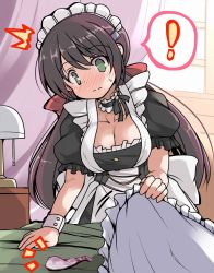 Rule 34 | !, 1girl, ^^^, apron, azur lane, bed, blush, breasts, brown hair, cleavage, condom, curtains, dress, embarrassed, glasgow (azur lane), green eyes, lamp, large breasts, low twintails, maid, maid headdress, solo, spoken exclamation mark, tsuzuri (tuzuri), twintails, used condom, window