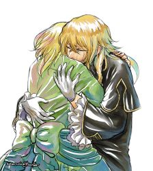 Rule 34 | 00s, 1boy, 1girl, ada vessalius, amarevia, blonde hair, bow, capelet, closed eyes, dress, earrings, frills, gloves, hetero, hug, jewelry, long hair, pandora hearts, short hair, simple background, spoilers, tears, traditional media, vincent nightray, white background