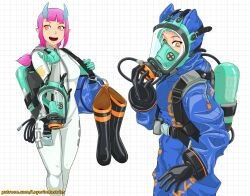 Rule 34 | 1girl, bag, black gloves, blue bag, blue bodysuit, bodysuit, boots, braid, checkered background, commander rab(layer industries), commentary, diving regulator, english commentary, gas mask, gloves, green gloves, grid background, hazmat suit, highres, holding, horns, hose, latex, latex gloves, long sleeves, mask, open mouth, orange eyes, original, oxygen mask, oxygen tank, pink hair, pointy ears, rubber boots, rubber gloves, scuba, scuba tank, shoulder bag, simple background, single braid, solo, strap, white background, white bodysuit, zipper
