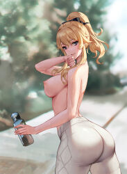 Rule 34 | 1girl, ass, blonde hair, blue eyes, blush, bottle, bow, breasts, chihunhentai, dripping, flying sweatdrops, genshin impact, hair bow, jean (genshin impact), large breasts, long hair, looking at viewer, nipples, pants, ponytail, sidelocks, smile, solo, sweat, thighs, topless, water bottle, white pants, wiping sweat, yoga pants