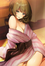 Rule 34 | 10s, 1girl, bad id, bad pixiv id, bare shoulders, blue eyes, blush, breasts, brown hair, cleavage, collarbone, fringe trim, green eyes, half updo, heterochromia, idolmaster, idolmaster cinderella girls, japanese clothes, kimono, large breasts, looking at viewer, mia (miaflocon), mole, mole under eye, off shoulder, onsen, open mouth, short hair, smile, solo, takagaki kaede, thighs, undressing