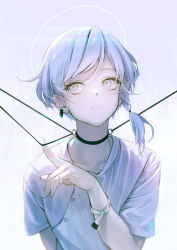 Rule 34 | androgynous, braid, choker, earrings, eyelashes, fingernails, freckles, gender request, gradient background, grey eyes, halo, hand up, highres, hospital gown, index finger raised, jewelry, o-ring, okeno kamoku, original, parted lips, restrained, short hair with long locks, short sleeves, side braid, sideways glance, single braid, single earring, solo, string, upper body, white background
