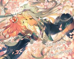 Rule 34 | 2girls, ahoge, anniversary, bent over, black dress, black legwear, bomssp, cherry blossoms, commentary request, dark skin, dark-skinned female, dress, eye contact, grey hair, hair ornament, hands on another&#039;s face, hat, highres, imminent kiss, kirschwasser, long hair, looking at another, m.o.m.o., multiple girls, open mouth, petals, pink hair, short dress, short hair, thighhighs, very long hair, wind, xenosaga, yellow eyes