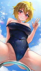Rule 34 | 1girl, ahoge, bare shoulders, blonde hair, blue one-piece swimsuit, blue sky, breasts, c (theta), cameltoe, cloud, commentary request, covered navel, crotch, from below, grin, highres, ibuki tsubasa, idolmaster, idolmaster million live!, large breasts, looking at viewer, looking down, off shoulder, one-piece swimsuit, pink eyes, school swimsuit, short hair, skindentation, sky, smile, solo, spread legs, swimsuit, thighs, v, wet