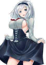 Rule 34 | 10s, 1girl, :d, alternate costume, armpit cutout, ascot, black skirt, blouse, blue eyes, breasts, center frills, clothes lift, clothing cutout, corset, frills, grey shirt, hair ornament, hair over one eye, hairband, hairclip, hamakaze (kancolle), highres, kantai collection, large breasts, lifting own clothes, long sleeves, looking at viewer, meme attire, no bra, open mouth, shirt, short hair, side cutout, sideboob, sin (kami148), skirt, skirt lift, smile, solo, tongue, virgin killer outfit