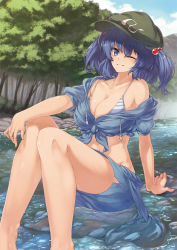 Rule 34 | 1girl, ;), arm support, bad id, bad pixiv id, barefoot, bikini, bikini under clothes, blue bikini, blue eyes, blue hair, blush, breasts, cleavage, female focus, grin, hair bobbles, hair ornament, hat, ibuki notsu, kawashiro nitori, large breasts, legs, looking at viewer, matching hair/eyes, off shoulder, one eye closed, river, short hair, sitting, smile, solo, swimsuit, swimsuit under clothes, touhou, tree, two side up, water